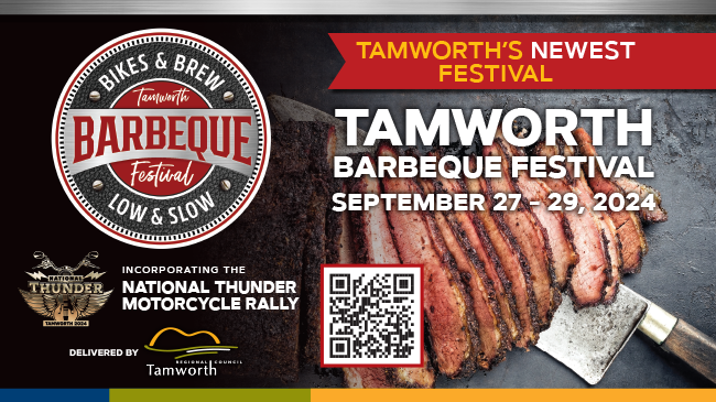 Tamworth Barbeque Festival ad showing smoked meat and text about the event - 27 to 29 September