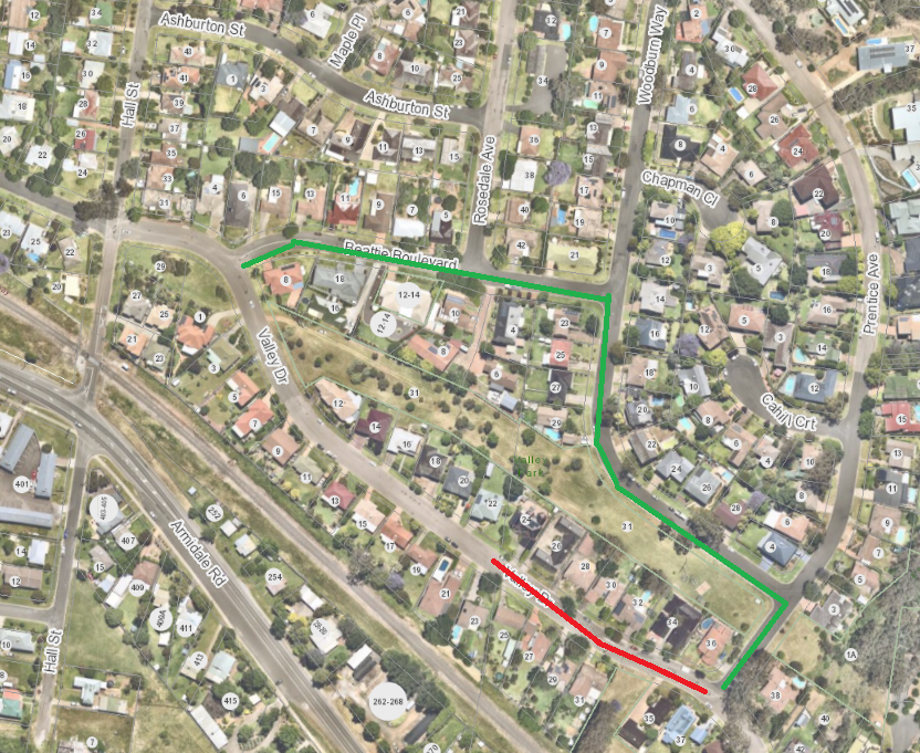 Map outlining road closure of Valley Drive between Beattie Boulevard and Prentice Avenue from 7am Friday 24 February. A detour is highlighted in green through Beattie Boulevard, Woodburn Way and Prentice Avenue. 