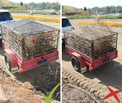 Image of correct and incorrect securing of a load in a cage trailer