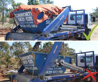 Image of correct and incorrect securing of a load in a commercial skip truck