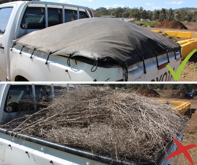 Image of correct and incorrect securing of a load in a ute