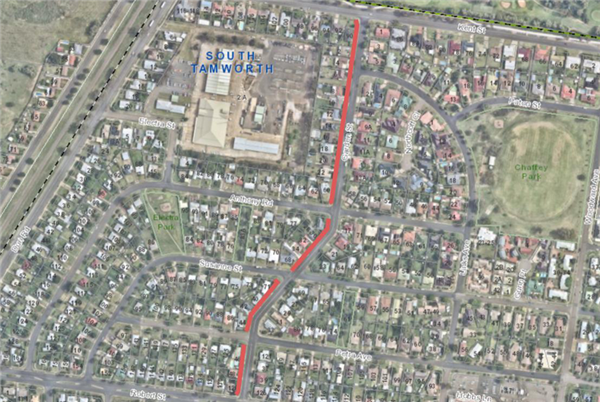 map that shows the future footpath location along Garden Street, between Robert Street and Kent Street, South Tamworth 
