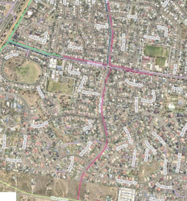 map that shows the future footpath location along Garden Street, near Hillvue Road, South Tamworth 