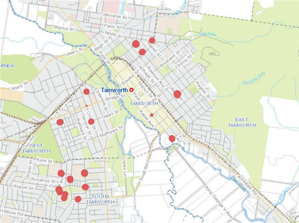 map that shows the future pram ramp locations across Tamworth 