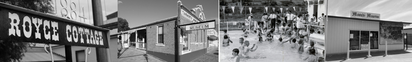 Collage of black and white photos - Royce Cottage sign, powerstation museum, people ina  pool, moonbi museum