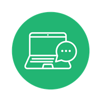 green circle with white line drawing of a laptop computer and speech bubble appearing from it 