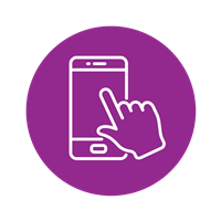 purple circle with white line drawing of a mobile phone and a hand using the screen